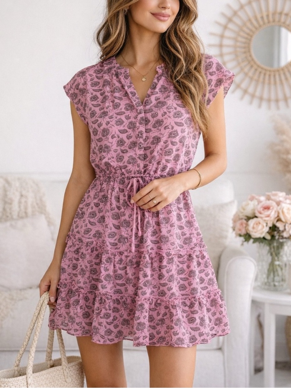 Rebecca‎ Minkoff Ollie Pink Floral Tiered Mini Dress
